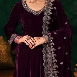 Maroon Velvet Embroidered 3 Piece Suit, New - Large